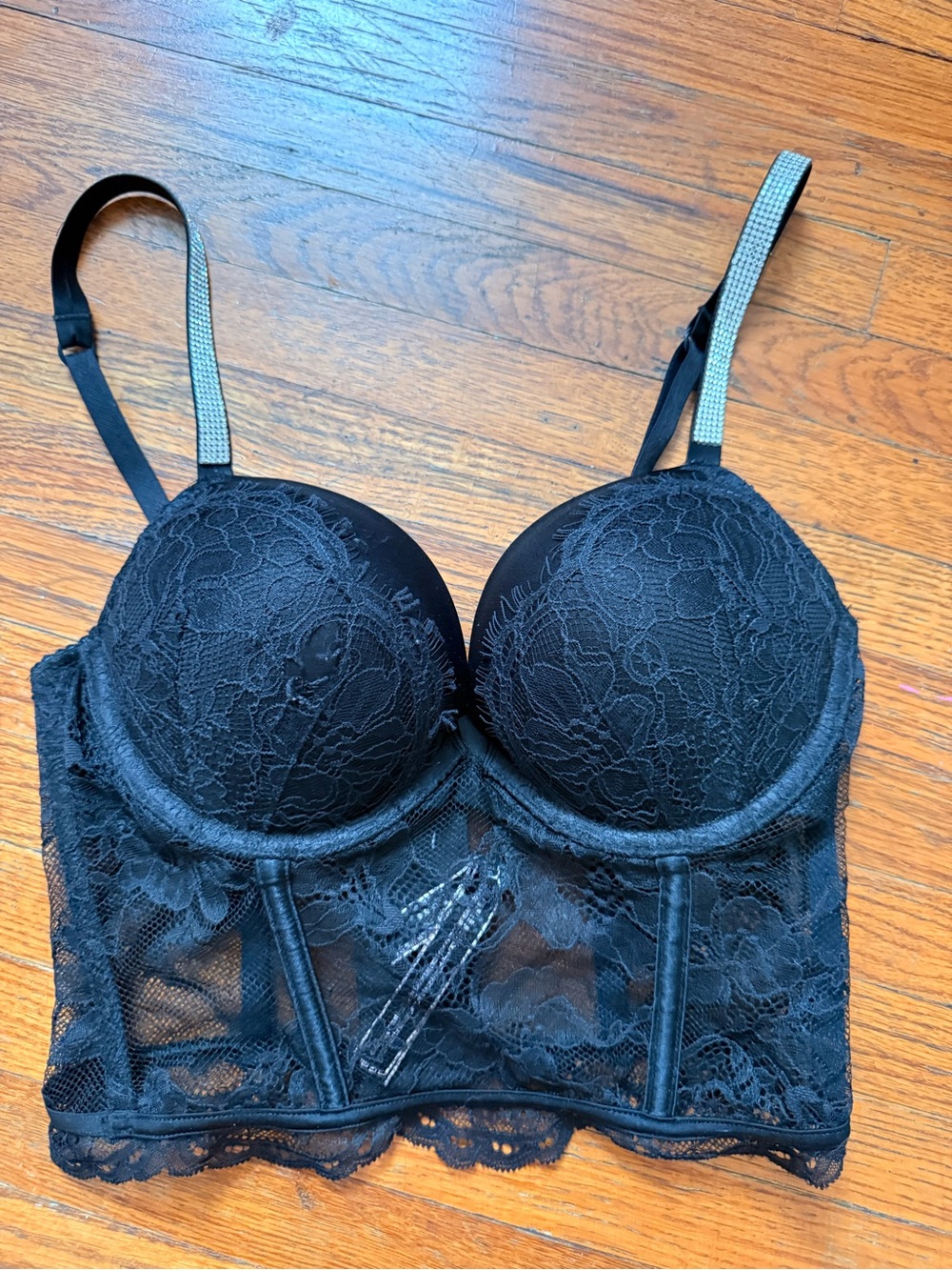 Victoria's Secret Push Up Longline Corset Bra 32B Black Lace Rhinestone Straps